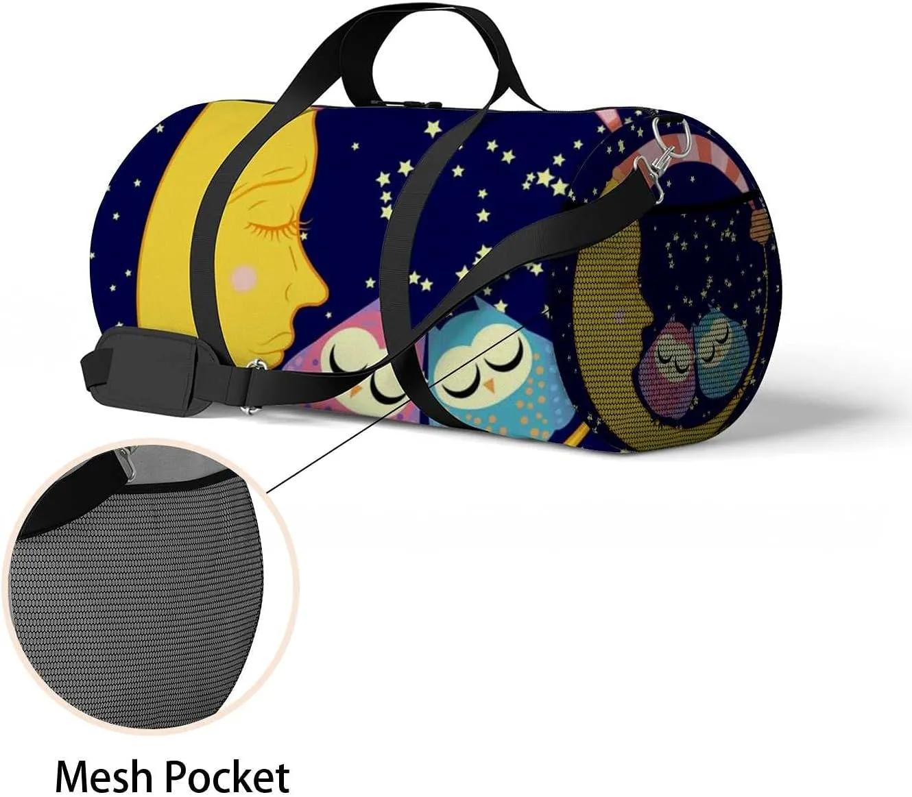 Sports Gym Bag for Women and Men Waterproof Cute Cartoon Sleeping Owl Circles Duffel Bag Lightweight Carryon Traveling Boarding Gripsack