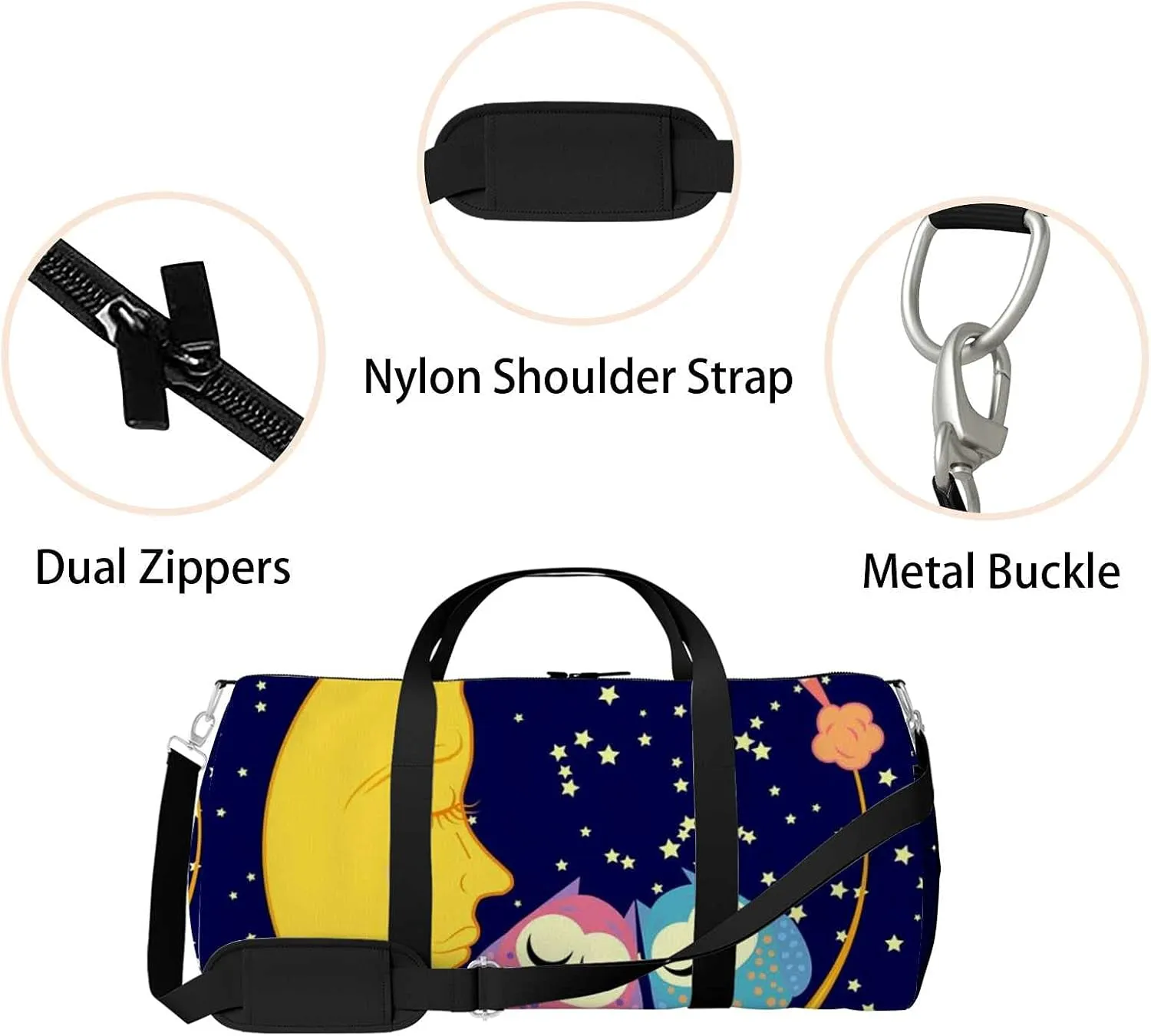 Sports Gym Bag for Women and Men Waterproof Cute Cartoon Sleeping Owl Circles Duffel Bag Lightweight Carryon Traveling Boarding Gripsack