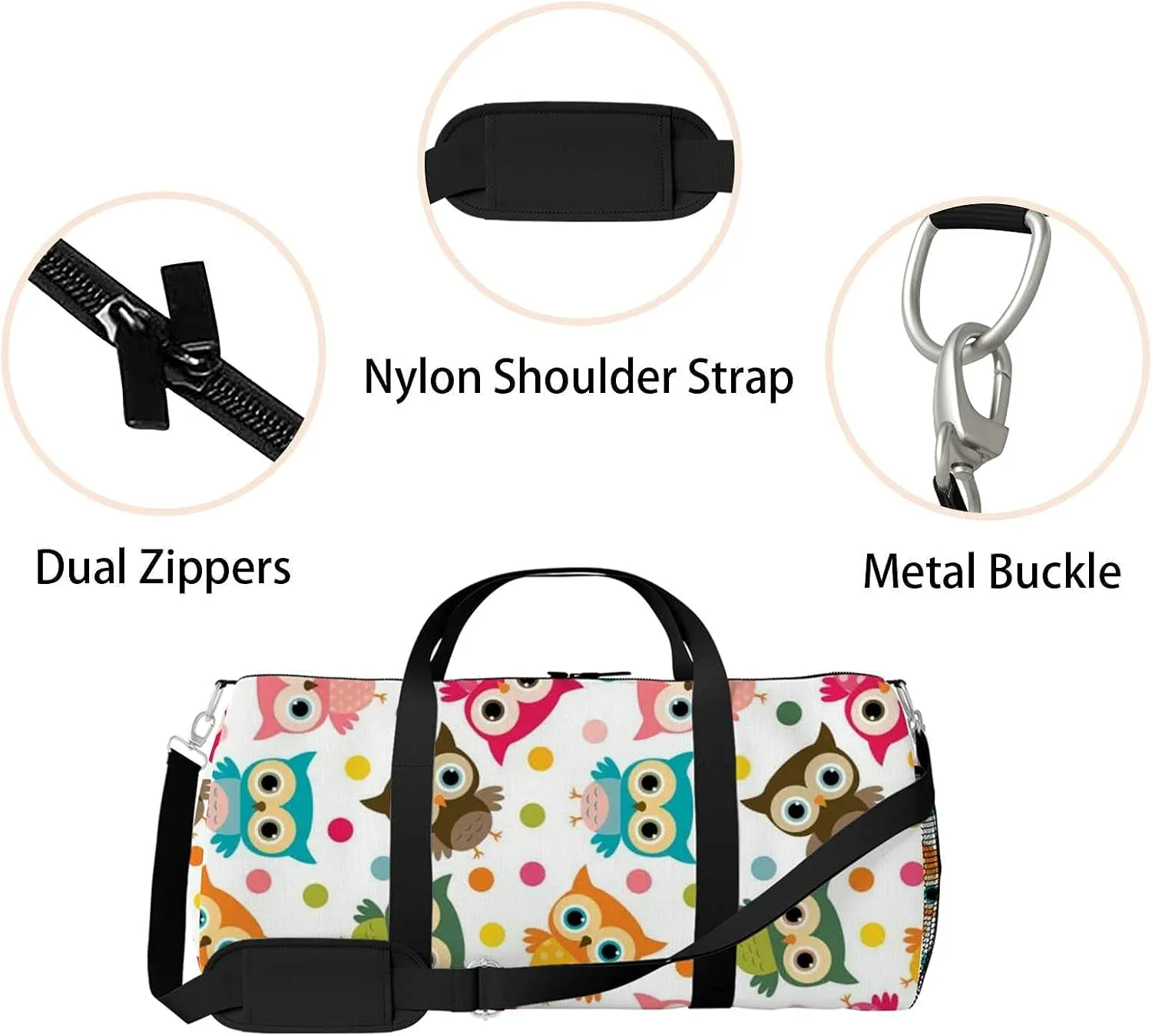 Sports Gym Bag for Women and Men Waterproof Cute Colorful Bird Pattern Owls Duffel Bag Lightweight Carryon Traveling Boarding Gripsack