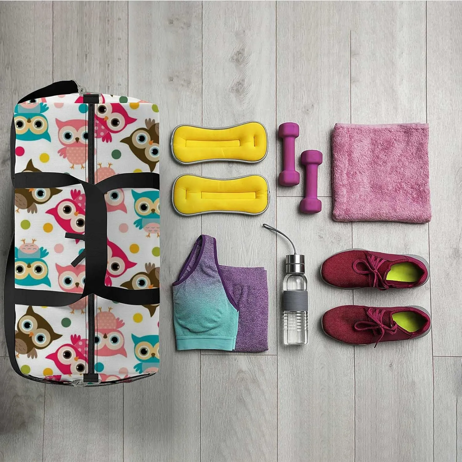 Sports Gym Bag for Women and Men Waterproof Cute Colorful Bird Pattern Owls Duffel Bag Lightweight Carryon Traveling Boarding Gripsack