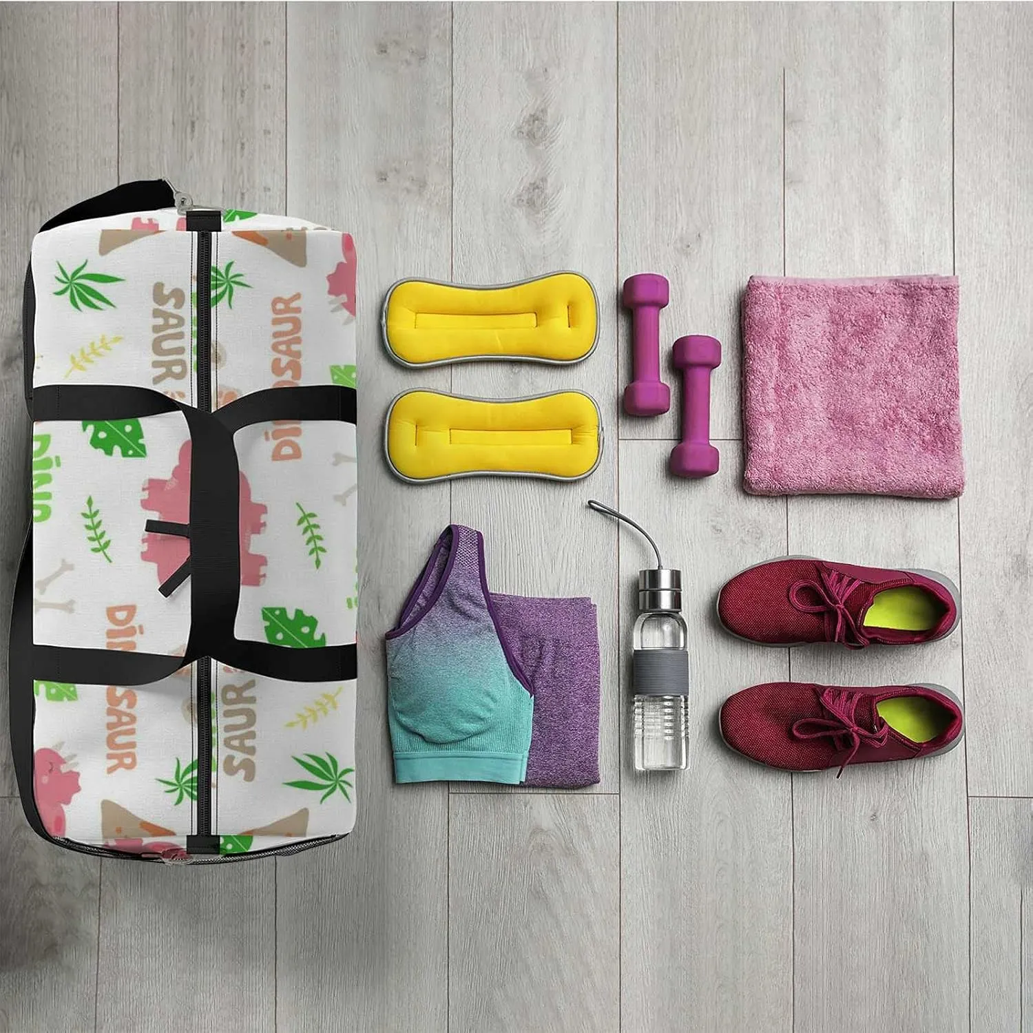 Sports Gym Bag for Women and Men Waterproof Cute Dinosaur Pattern Duffel Bag Lightweight Carryon Traveling Boarding Gripsack