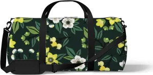 Sports Gym Bag for Women and Men Waterproof Cute Floral Yellow White Dark Green Duffel Bag Lightweight Carryon Traveling Boarding Gripsack