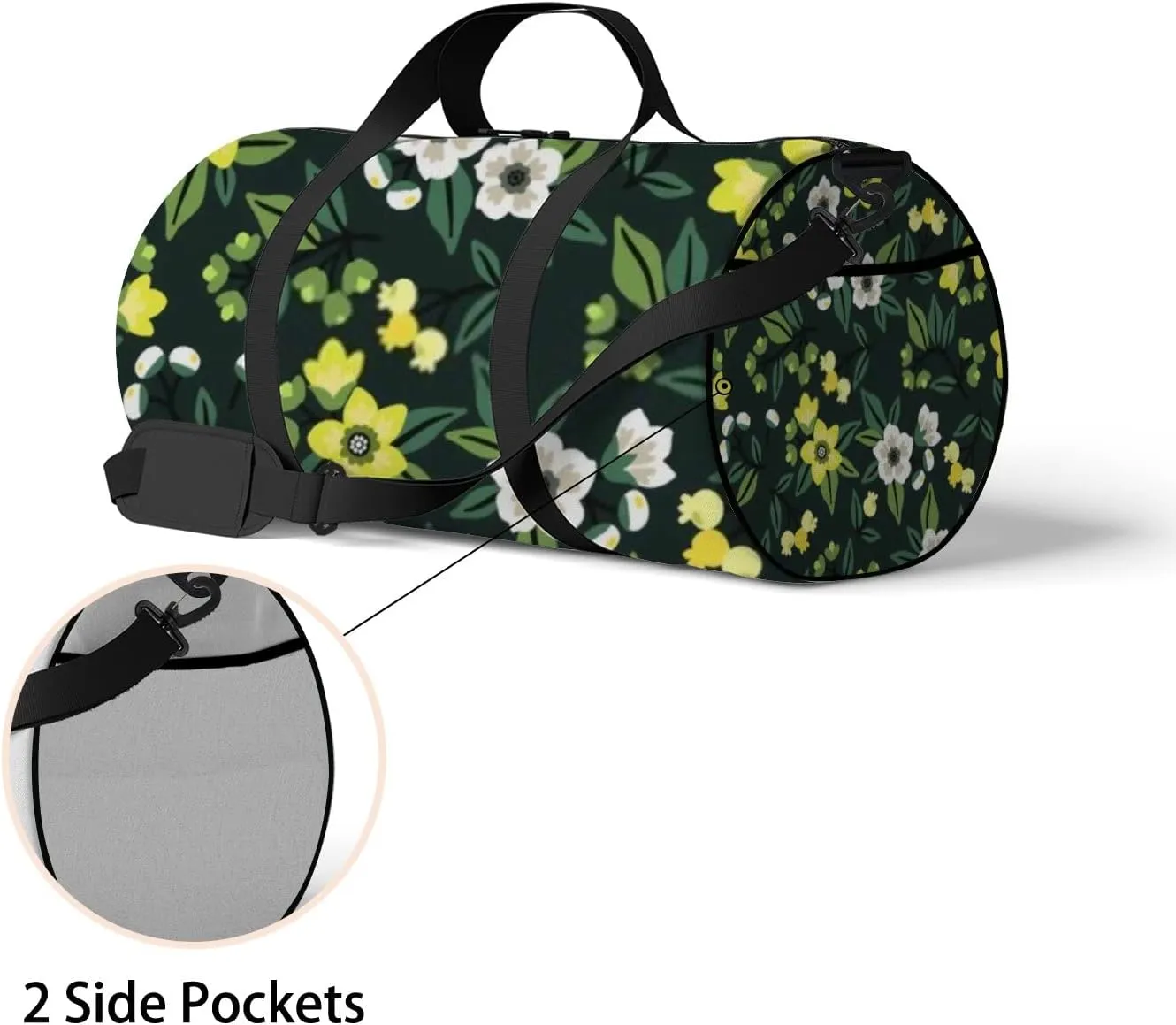 Sports Gym Bag for Women and Men Waterproof Cute Floral Yellow White Dark Green Duffel Bag Lightweight Carryon Traveling Boarding Gripsack