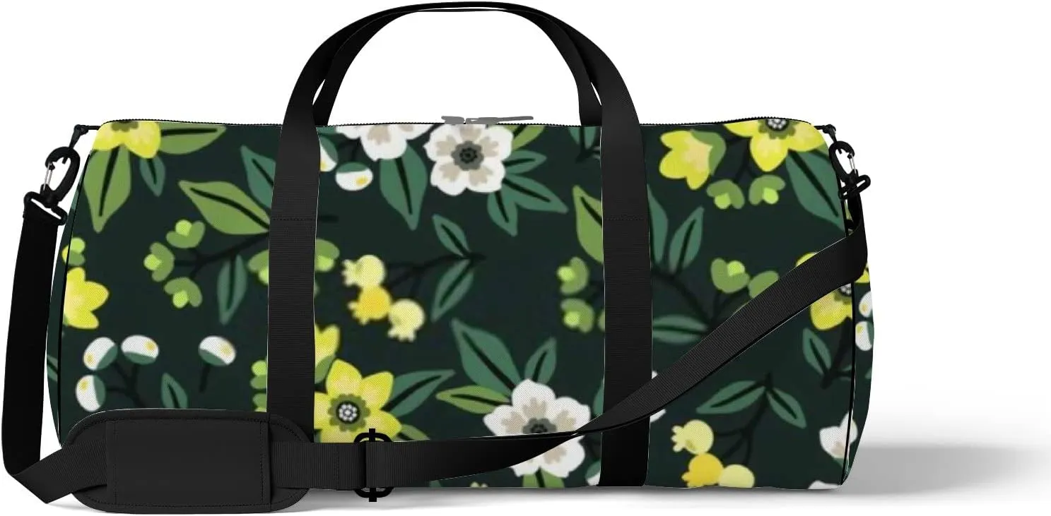 Sports Gym Bag for Women and Men Waterproof Cute Floral Yellow White Dark Green Duffel Bag Lightweight Carryon Traveling Boarding Gripsack