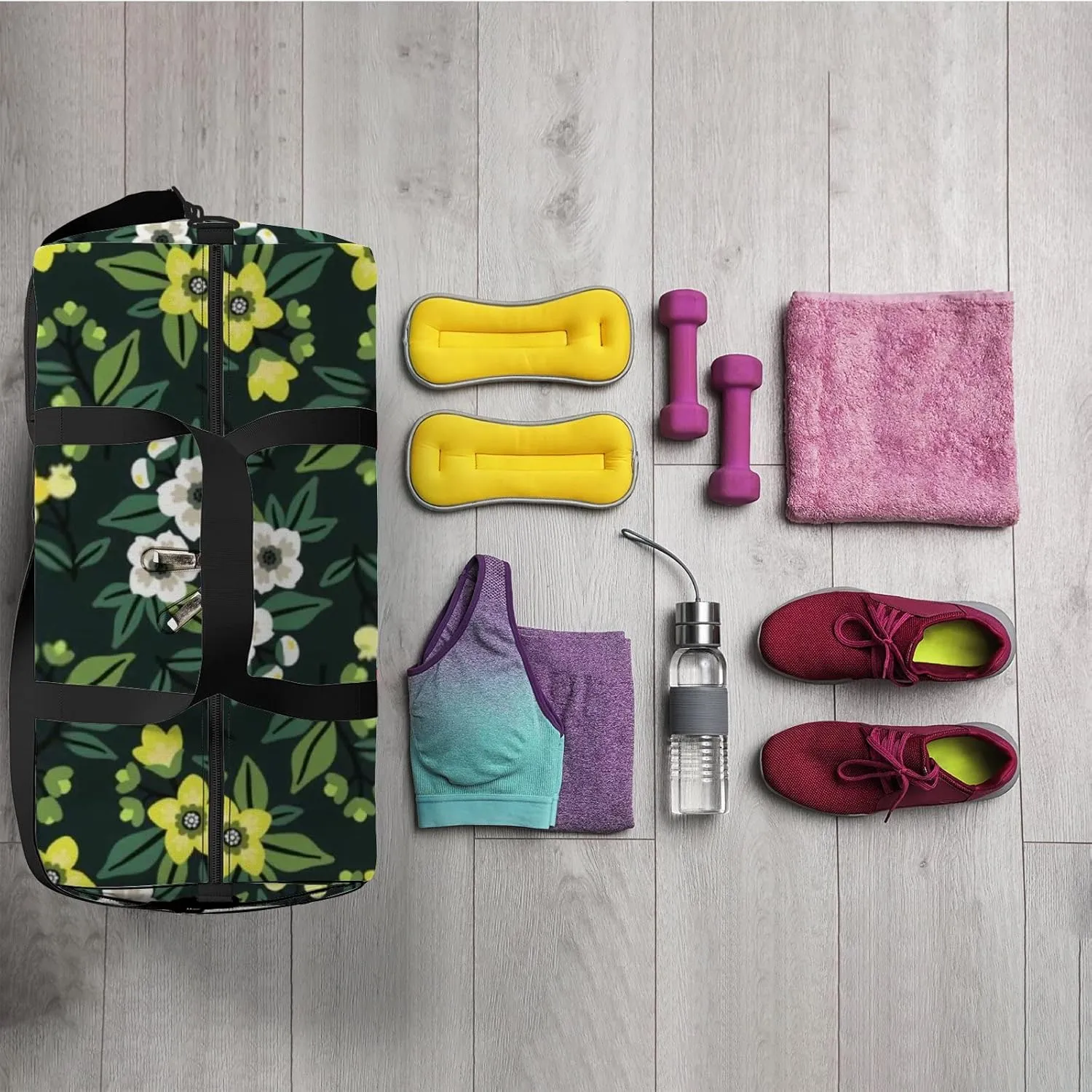 Sports Gym Bag for Women and Men Waterproof Cute Floral Yellow White Dark Green Duffel Bag Lightweight Carryon Traveling Boarding Gripsack