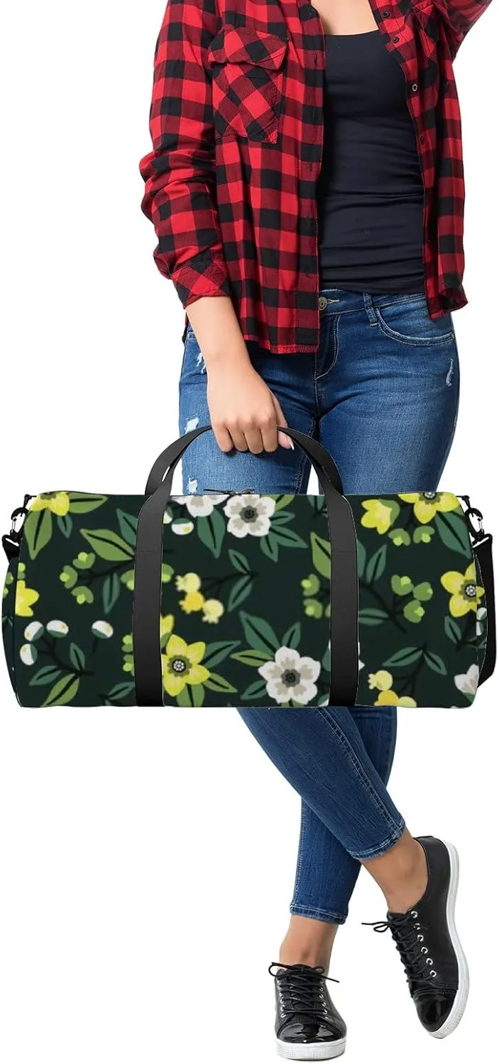 Sports Gym Bag for Women and Men Waterproof Cute Floral Yellow White Dark Green Duffel Bag Lightweight Carryon Traveling Boarding Gripsack