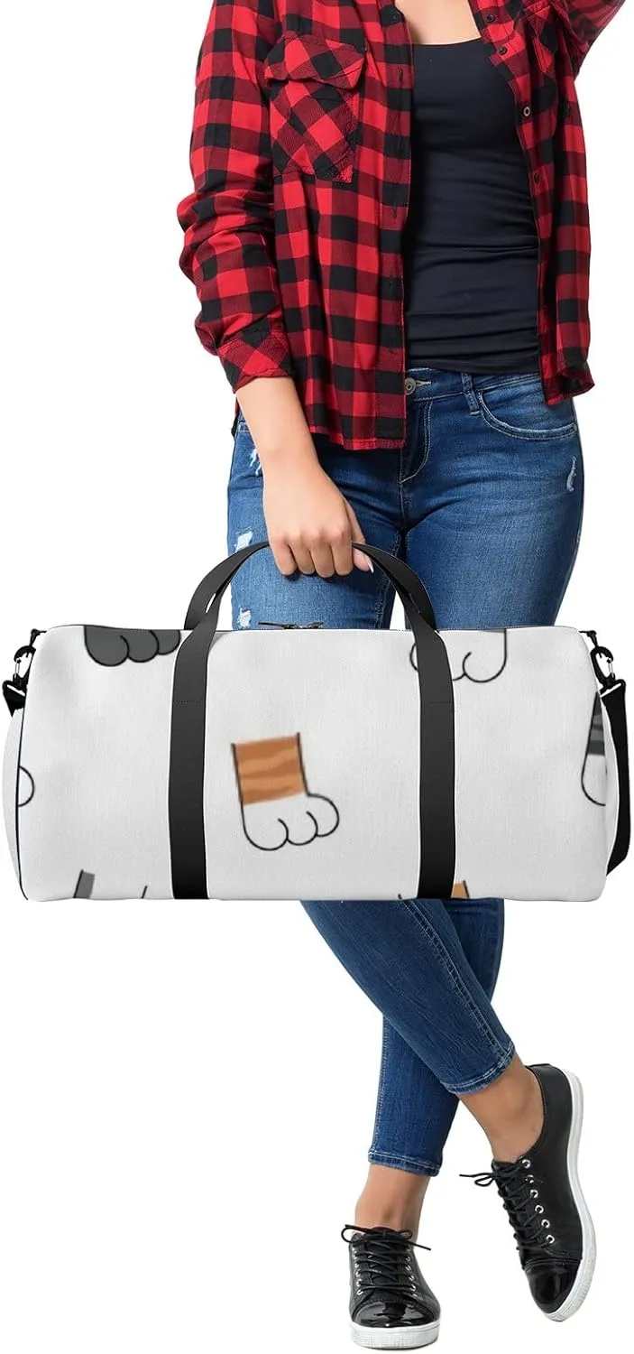 Sports Gym Bag for Women and Men Waterproof Cute Hand Drawing Cat Kitten Legs Cartoon Doodle White Duffel Bag Lightweight Carryon Traveling Boarding Gripsack