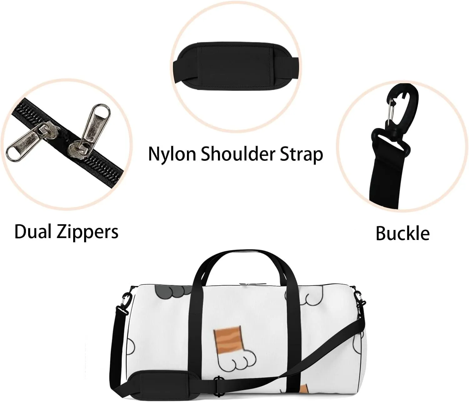 Sports Gym Bag for Women and Men Waterproof Cute Hand Drawing Cat Kitten Legs Cartoon Doodle White Duffel Bag Lightweight Carryon Traveling Boarding Gripsack