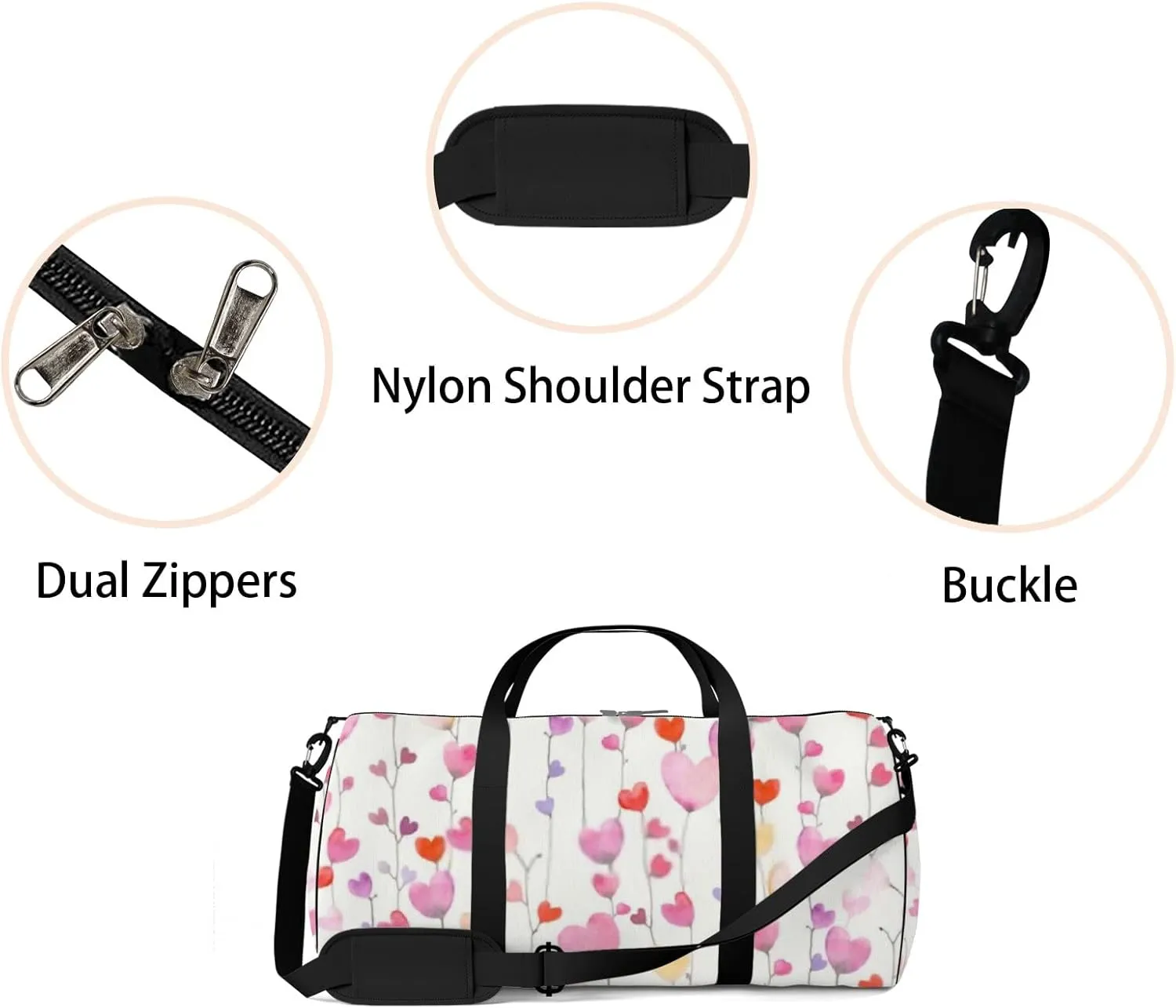 Sports Gym Bag for Women and Men Waterproof Cute Hearts Watercolor Pink Duffel Bag Lightweight Carryon Traveling Boarding Gripsack