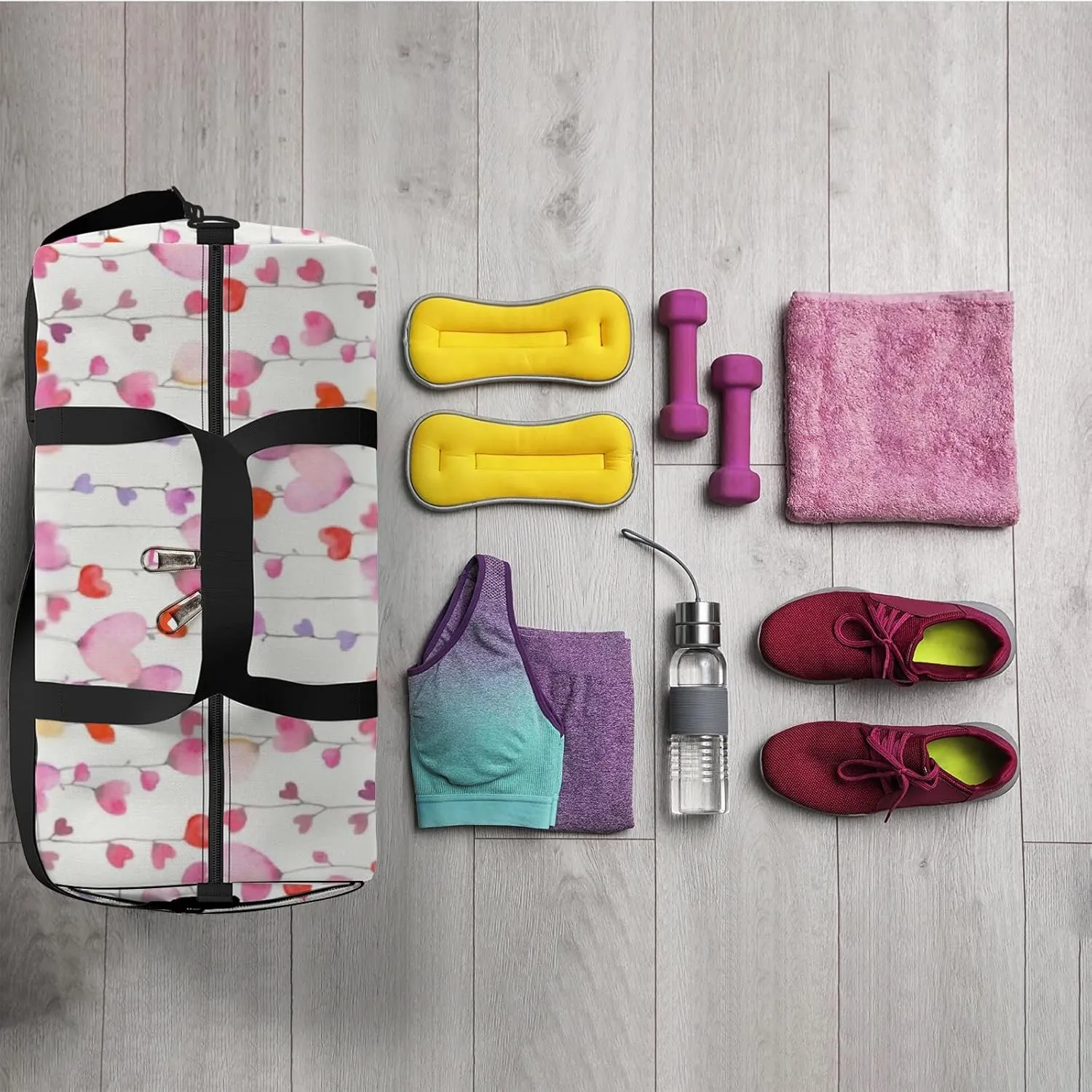 Sports Gym Bag for Women and Men Waterproof Cute Hearts Watercolor Pink Duffel Bag Lightweight Carryon Traveling Boarding Gripsack