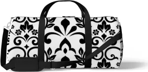 Sports Gym Bag for Women and Men Waterproof Damask Black White Duffel Bag Lightweight Carryon Traveling Boarding Gripsack