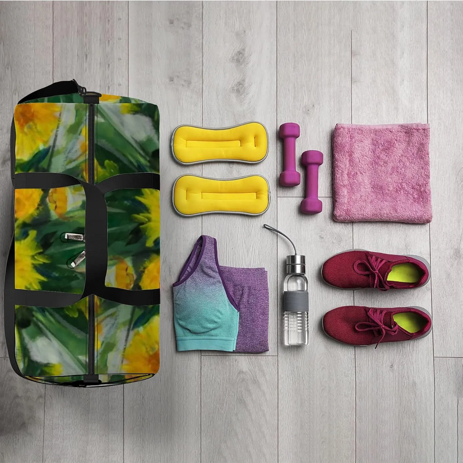 Sports Gym Bag for Women and Men Waterproof Dandelions Vase Painting Summer Floral Yellow Duffel Bag Lightweight Carryon Traveling Boarding Gripsack