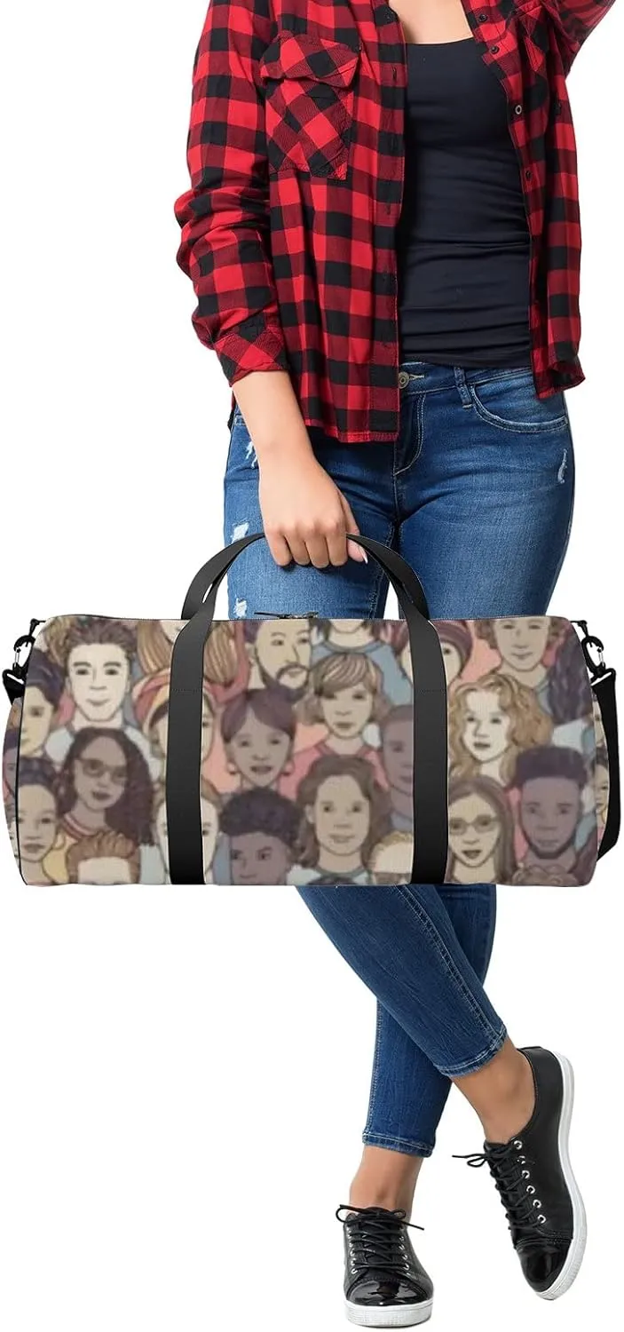 Sports Gym Bag for Women and Men Waterproof Different Hand Drawn Faces Duffel Bag Lightweight Carryon Traveling Boarding Gripsack
