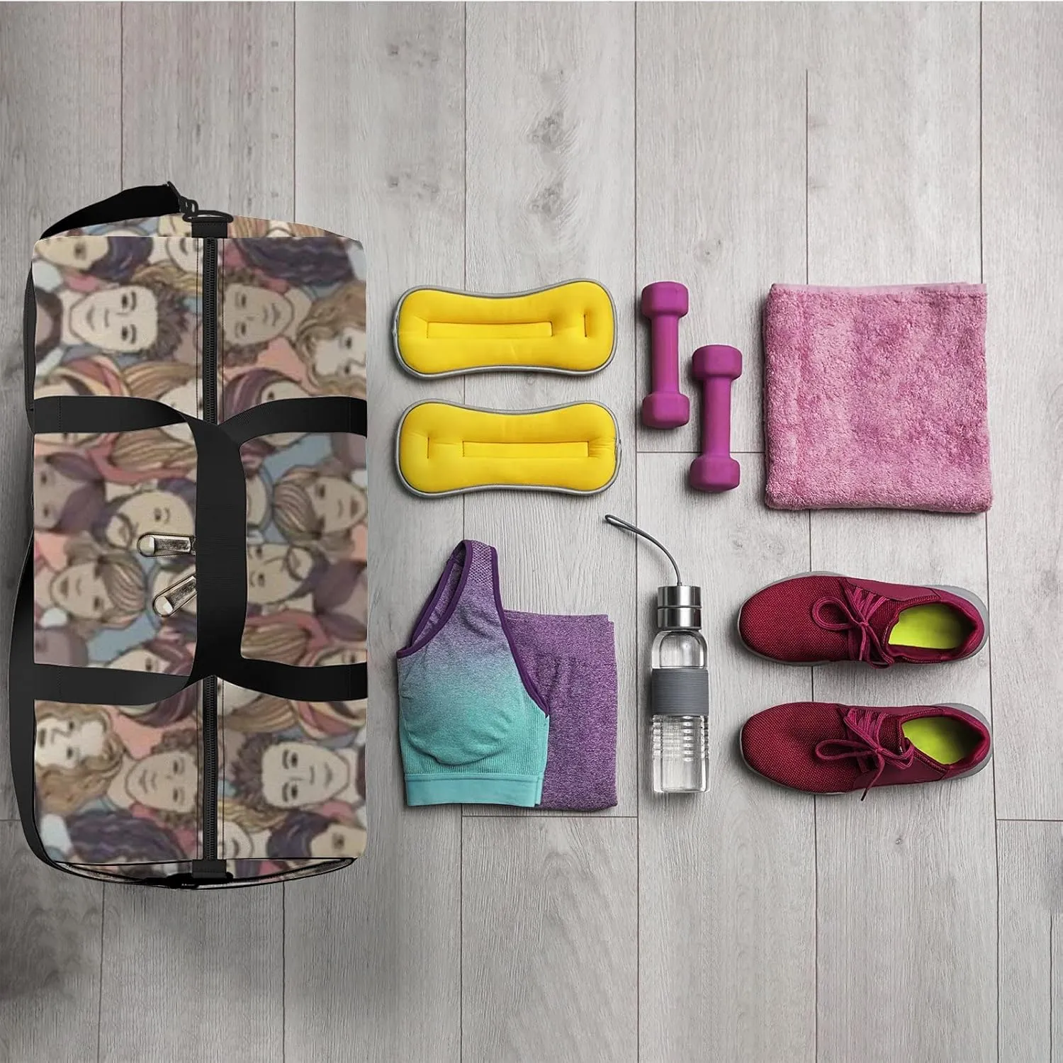 Sports Gym Bag for Women and Men Waterproof Different Hand Drawn Faces Duffel Bag Lightweight Carryon Traveling Boarding Gripsack