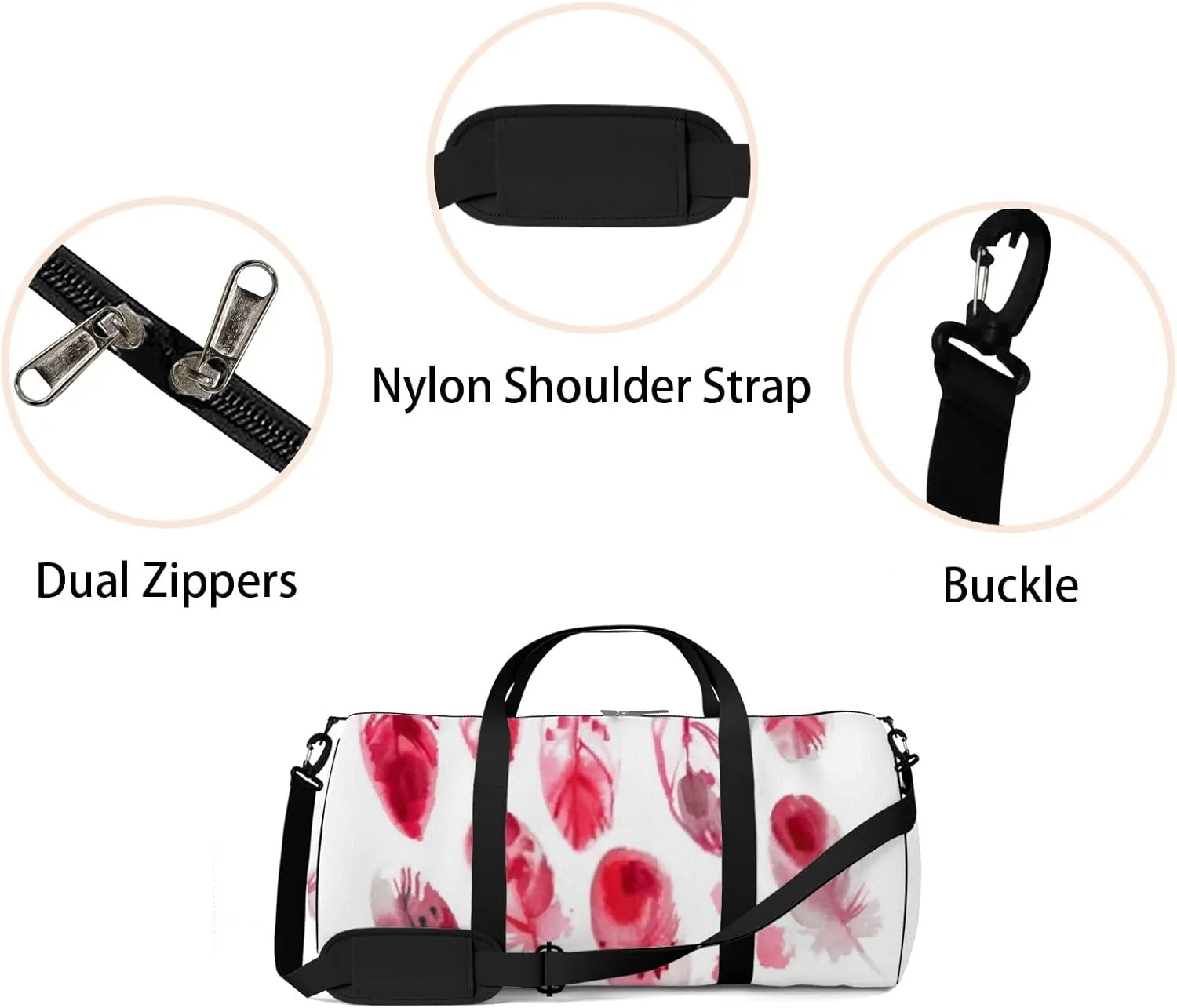 Sports Gym Bag for Women and Men Waterproof Ethnic Feathers Watercolors Pink Duffel Bag Lightweight Carryon Traveling Boarding Gripsack