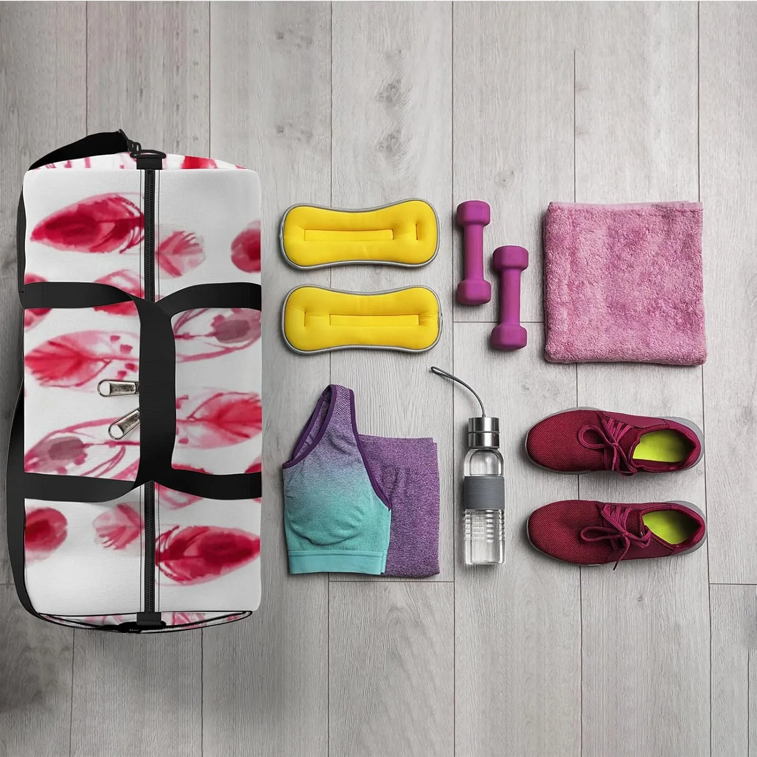 Sports Gym Bag for Women and Men Waterproof Ethnic Feathers Watercolors Pink Duffel Bag Lightweight Carryon Traveling Boarding Gripsack