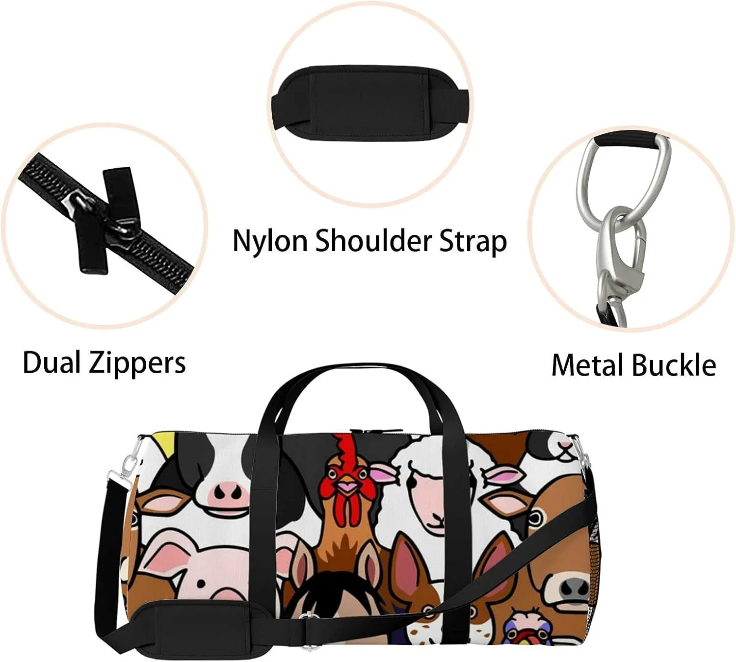 Sports Gym Bag for Women and Men Waterproof Farm Animals Faces Duffel Bag Lightweight Carryon Traveling Boarding Gripsack