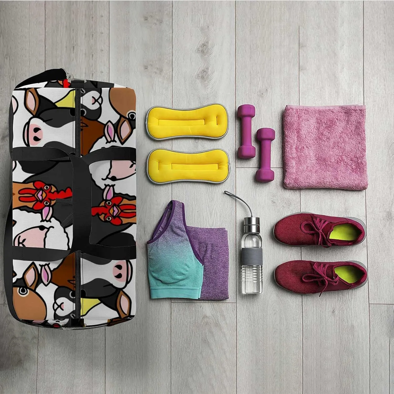 Sports Gym Bag for Women and Men Waterproof Farm Animals Faces Duffel Bag Lightweight Carryon Traveling Boarding Gripsack