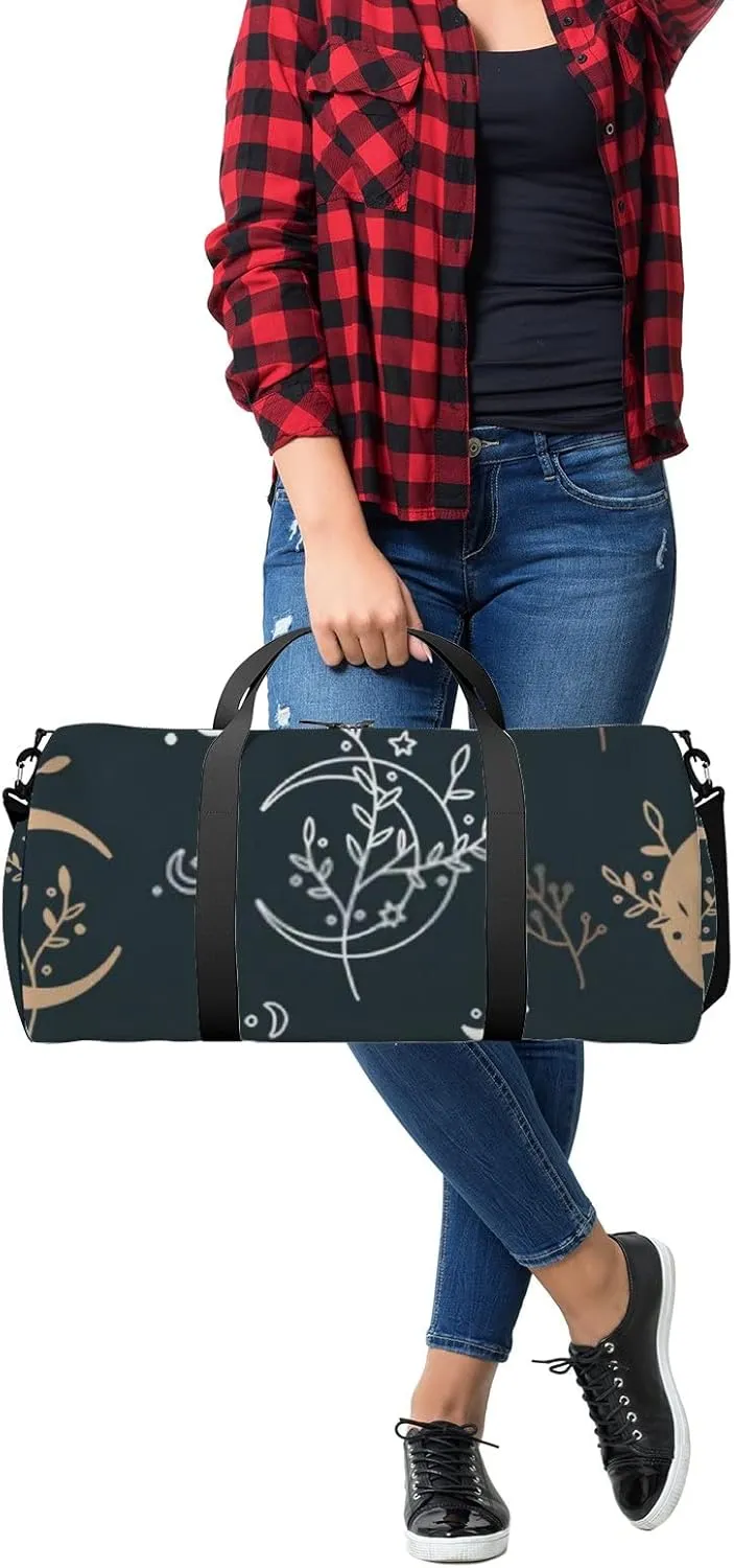 Sports Gym Bag for Women and Men Waterproof Floral Boho Mystical Style Moon Stars Black Duffel Bag Lightweight Carryon Traveling Boarding Gripsack