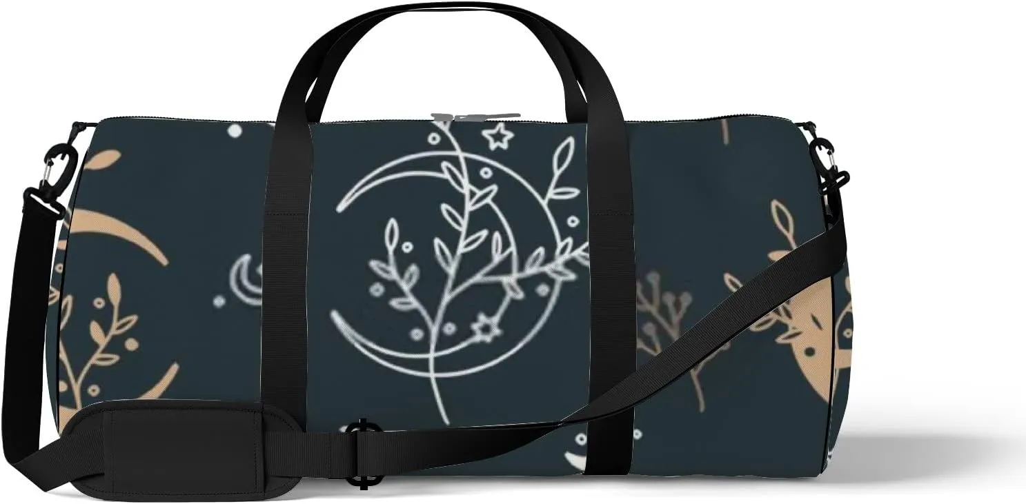 Sports Gym Bag for Women and Men Waterproof Floral Boho Mystical Style Moon Stars Black Duffel Bag Lightweight Carryon Traveling Boarding Gripsack