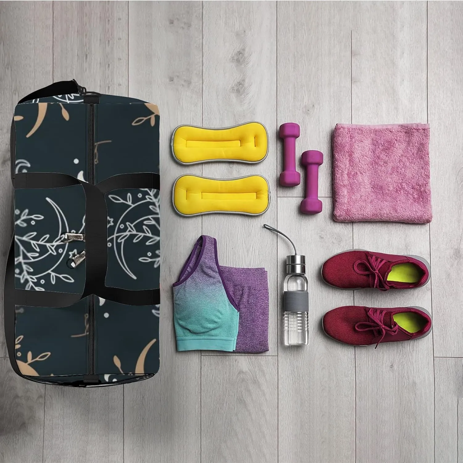 Sports Gym Bag for Women and Men Waterproof Floral Boho Mystical Style Moon Stars Black Duffel Bag Lightweight Carryon Traveling Boarding Gripsack