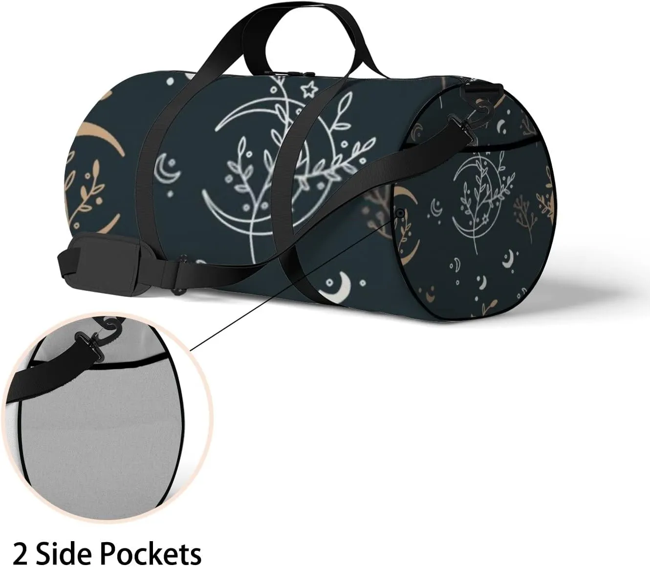 Sports Gym Bag for Women and Men Waterproof Floral Boho Mystical Style Moon Stars Black Duffel Bag Lightweight Carryon Traveling Boarding Gripsack
