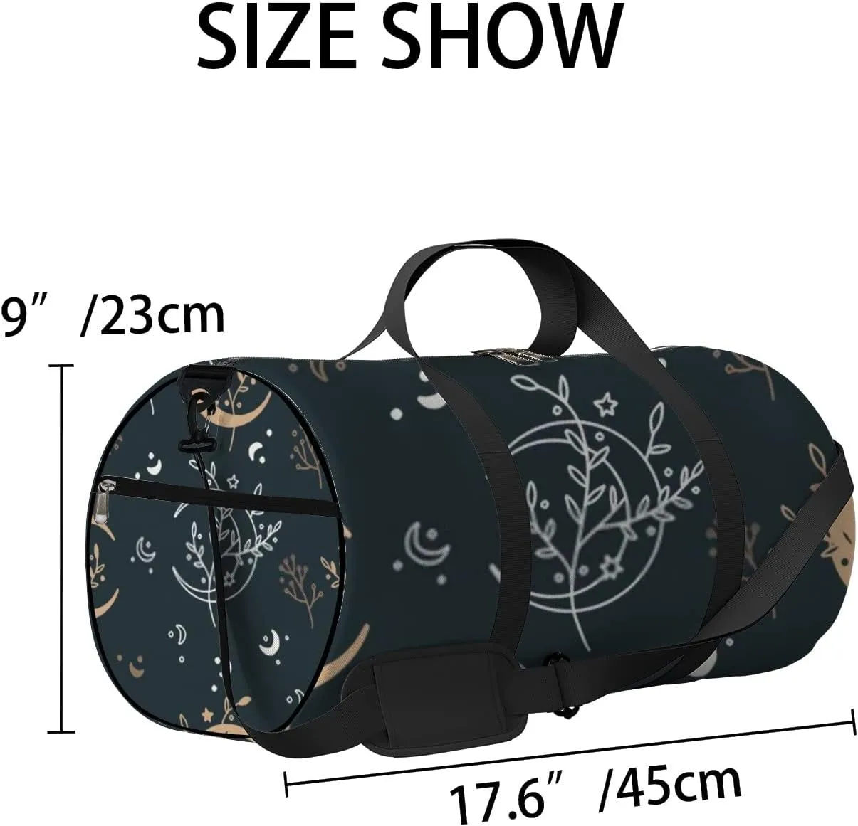 Sports Gym Bag for Women and Men Waterproof Floral Boho Mystical Style Moon Stars Black Duffel Bag Lightweight Carryon Traveling Boarding Gripsack