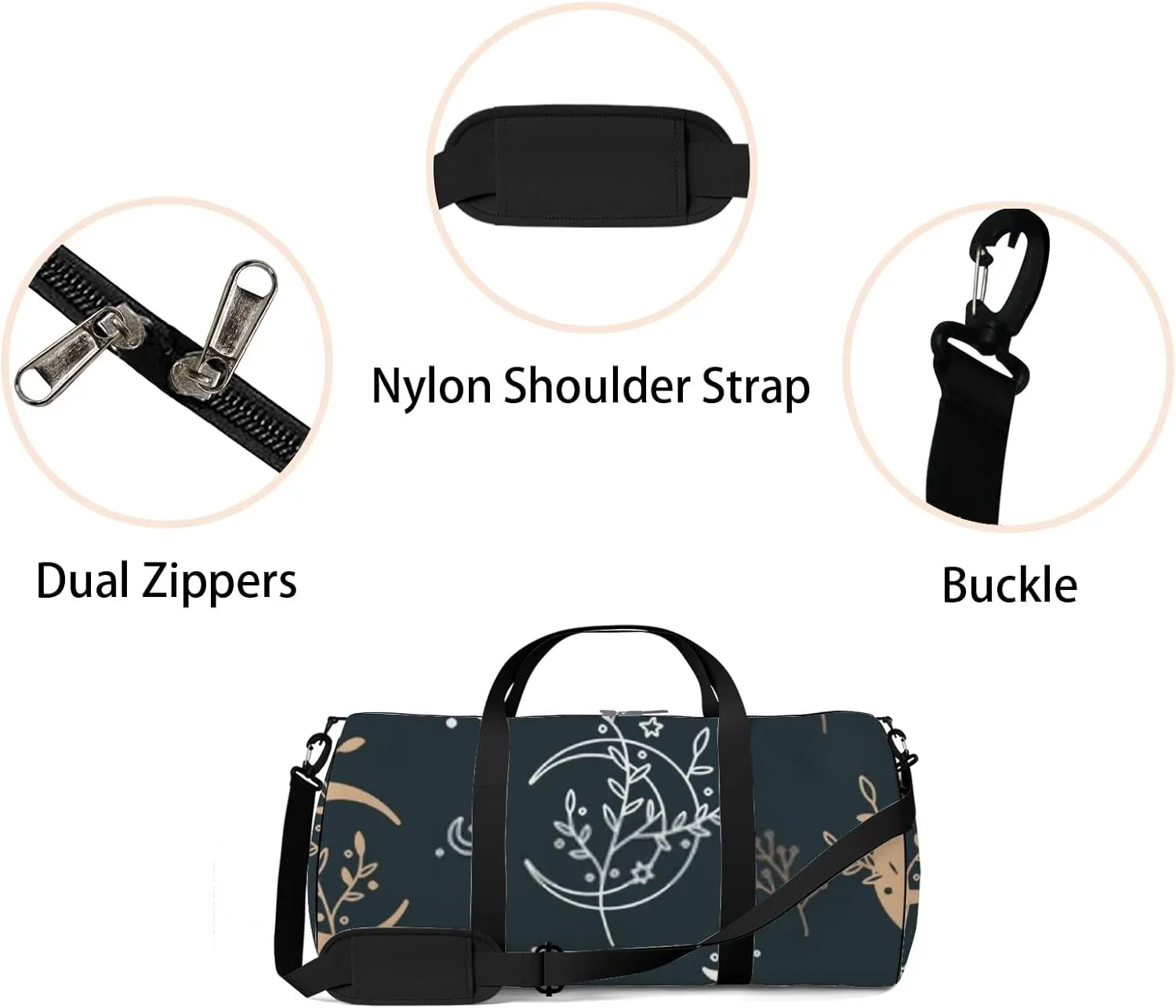 Sports Gym Bag for Women and Men Waterproof Floral Boho Mystical Style Moon Stars Black Duffel Bag Lightweight Carryon Traveling Boarding Gripsack