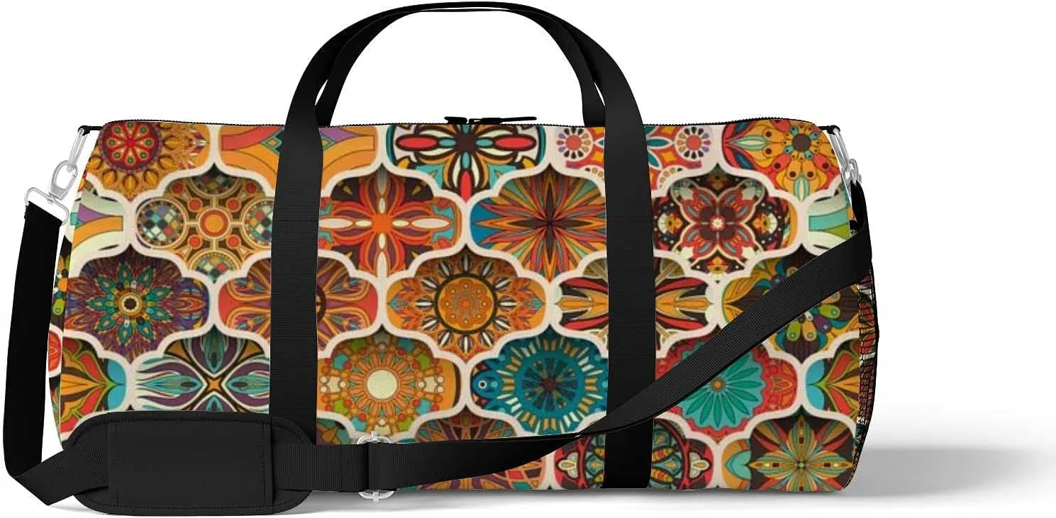 Sports Gym Bag for Women and Men Waterproof Floral Mandala Pattern Colorful Duffel Bag Lightweight Carryon Traveling Boarding Gripsack