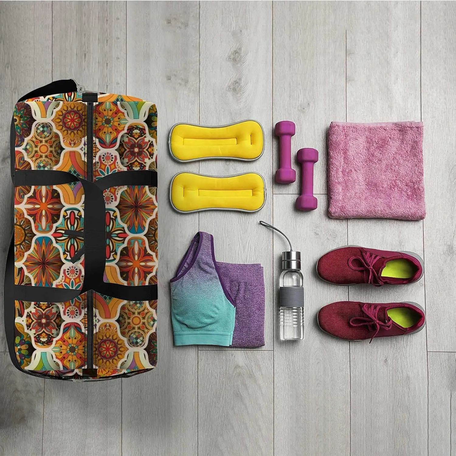 Sports Gym Bag for Women and Men Waterproof Floral Mandala Pattern Colorful Duffel Bag Lightweight Carryon Traveling Boarding Gripsack