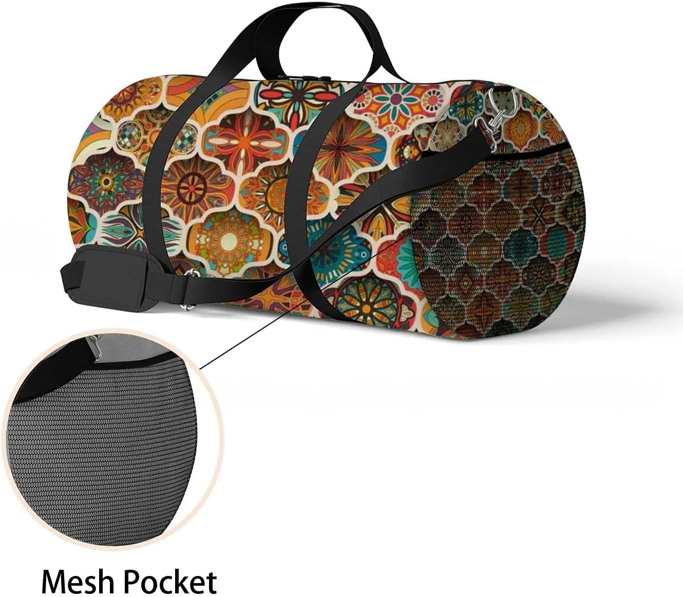 Sports Gym Bag for Women and Men Waterproof Floral Mandala Pattern Colorful Duffel Bag Lightweight Carryon Traveling Boarding Gripsack