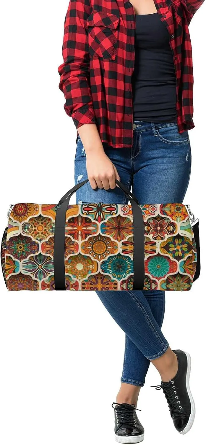 Sports Gym Bag for Women and Men Waterproof Floral Mandala Pattern Colorful Duffel Bag Lightweight Carryon Traveling Boarding Gripsack