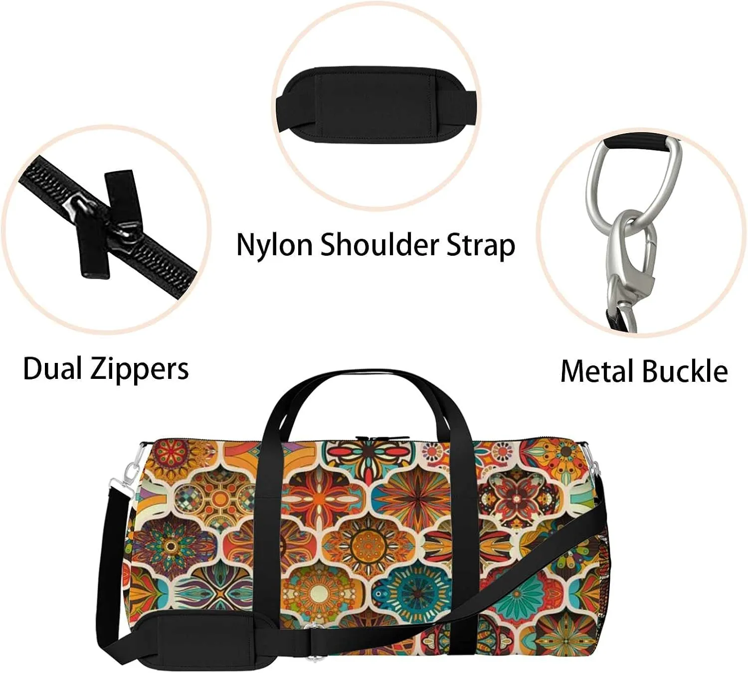 Sports Gym Bag for Women and Men Waterproof Floral Mandala Pattern Colorful Duffel Bag Lightweight Carryon Traveling Boarding Gripsack