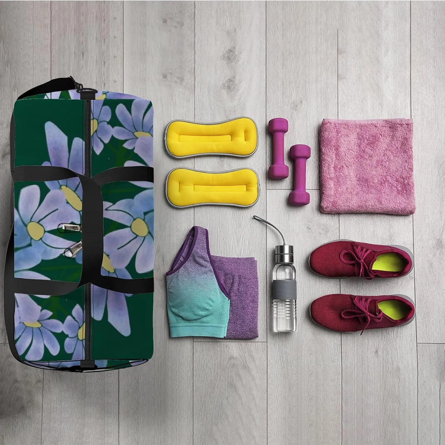 Sports Gym Bag for Women and Men Waterproof Floral Pattern Duffel Bag Lightweight Carryon Traveling Boarding Gripsack