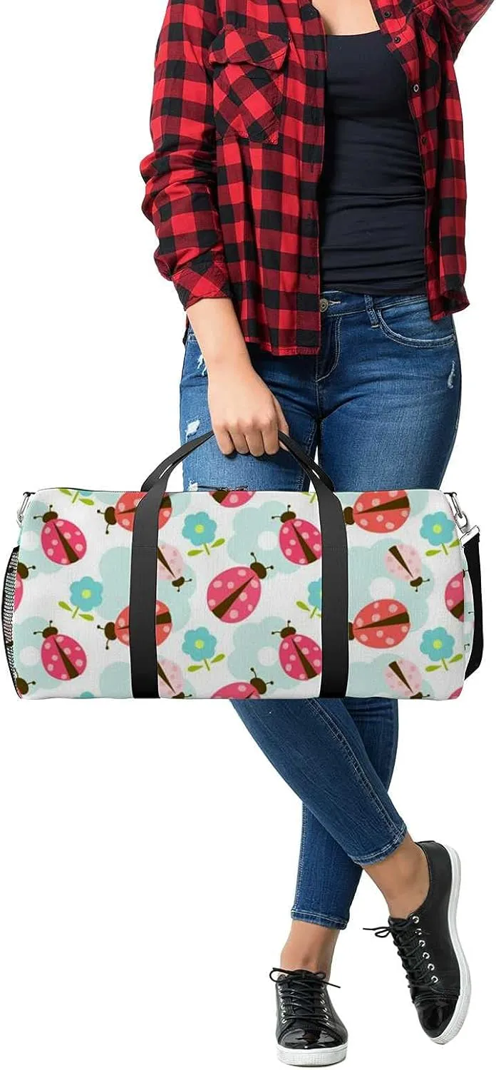 Sports Gym Bag for Women and Men Waterproof Floral Pattern Ladybug Duffel Bag Lightweight Carryon Traveling Boarding Gripsack