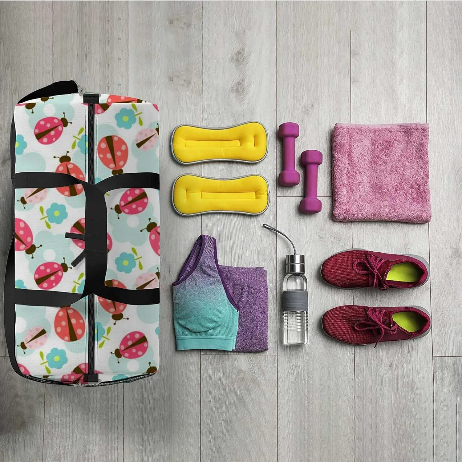 Sports Gym Bag for Women and Men Waterproof Floral Pattern Ladybug Duffel Bag Lightweight Carryon Traveling Boarding Gripsack