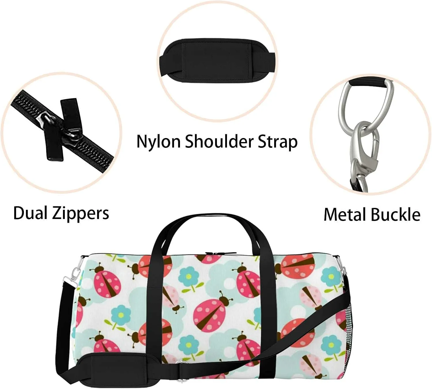 Sports Gym Bag for Women and Men Waterproof Floral Pattern Ladybug Duffel Bag Lightweight Carryon Traveling Boarding Gripsack