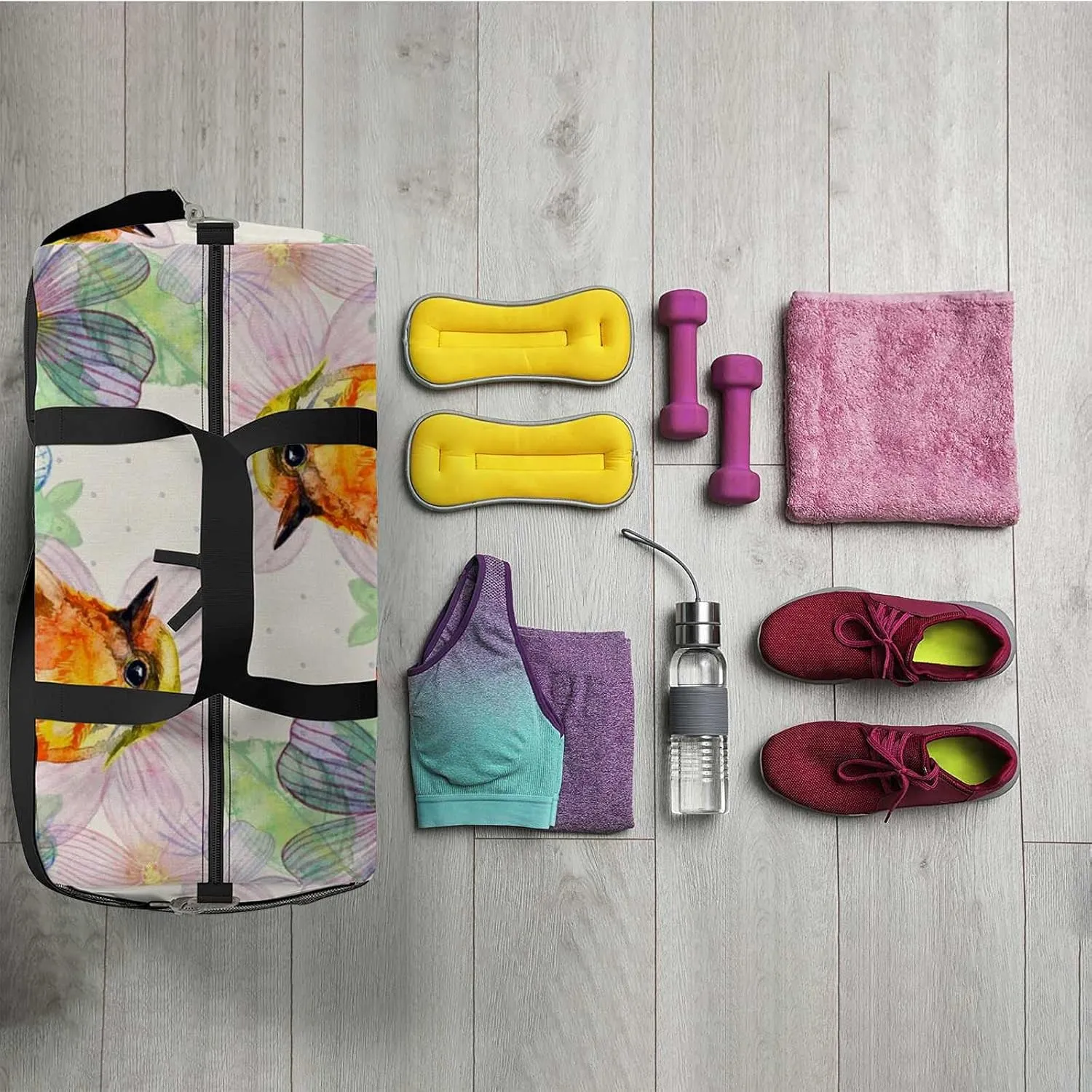 Sports Gym Bag for Women and Men Waterproof Floral Retro Watercolor Duffel Bag Lightweight Carryon Traveling Boarding Gripsack