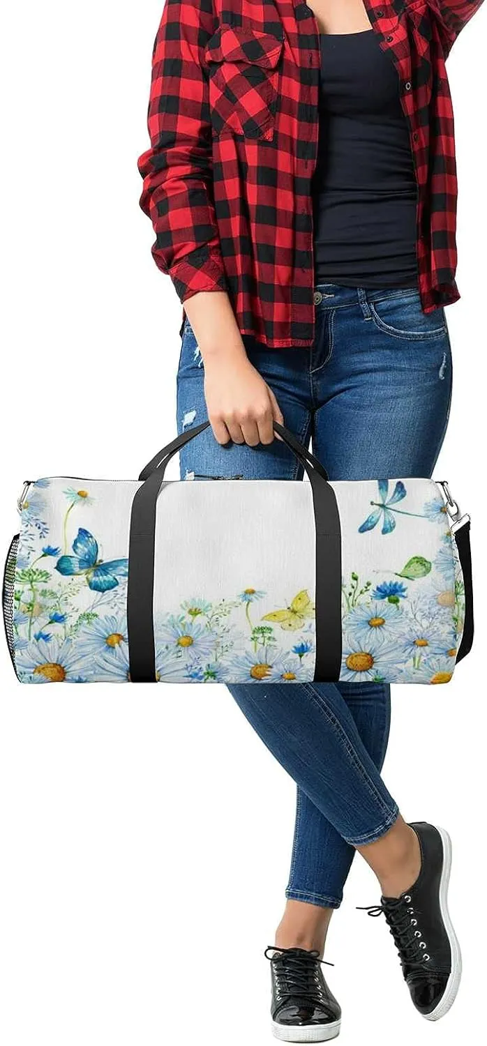 Sports Gym Bag for Women and Men Waterproof Flower Butterflies Dragonflies Watercolor Duffel Bag Lightweight Carryon Traveling Boarding Gripsack
