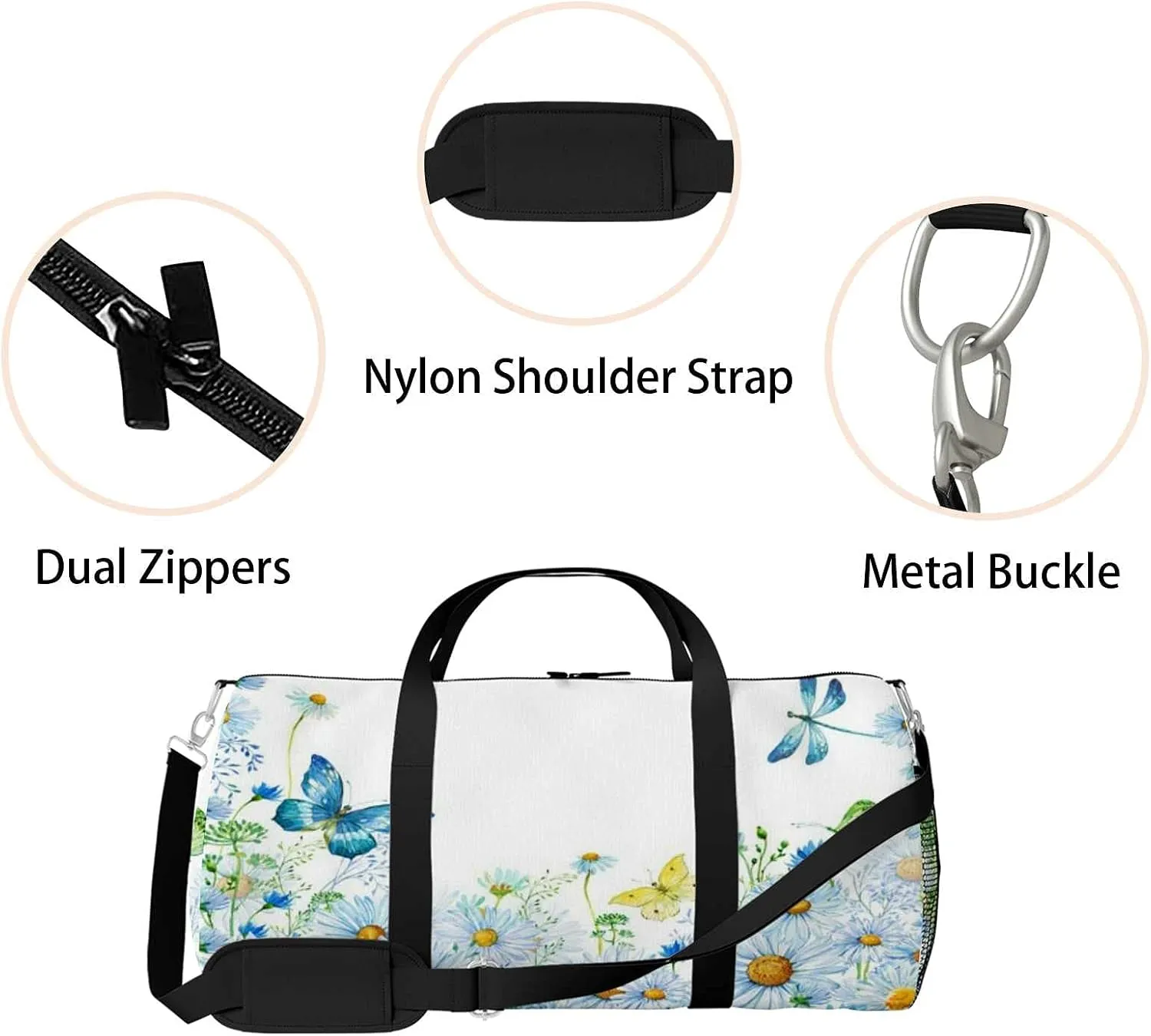 Sports Gym Bag for Women and Men Waterproof Flower Butterflies Dragonflies Watercolor Duffel Bag Lightweight Carryon Traveling Boarding Gripsack