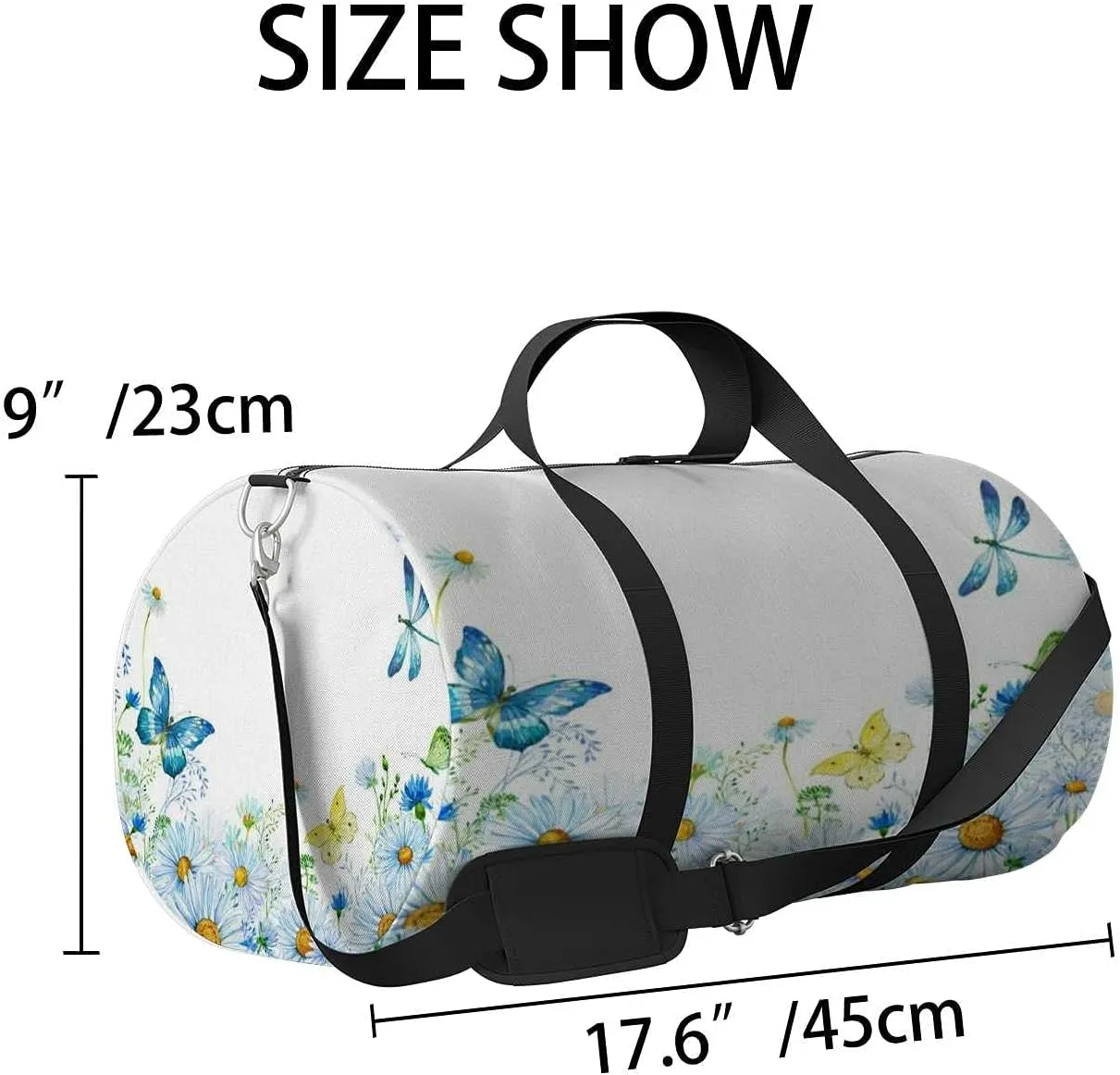 Sports Gym Bag for Women and Men Waterproof Flower Butterflies Dragonflies Watercolor Duffel Bag Lightweight Carryon Traveling Boarding Gripsack