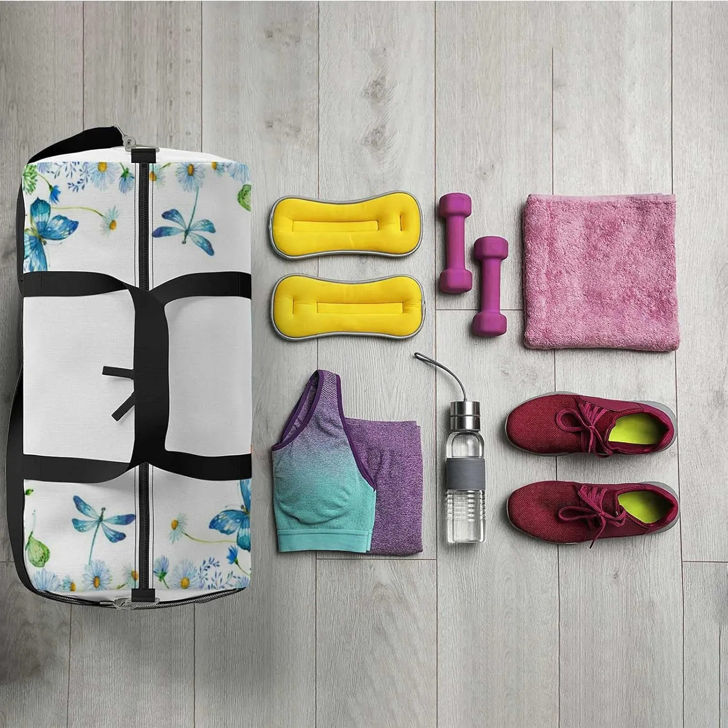 Sports Gym Bag for Women and Men Waterproof Flower Butterflies Dragonflies Watercolor Duffel Bag Lightweight Carryon Traveling Boarding Gripsack