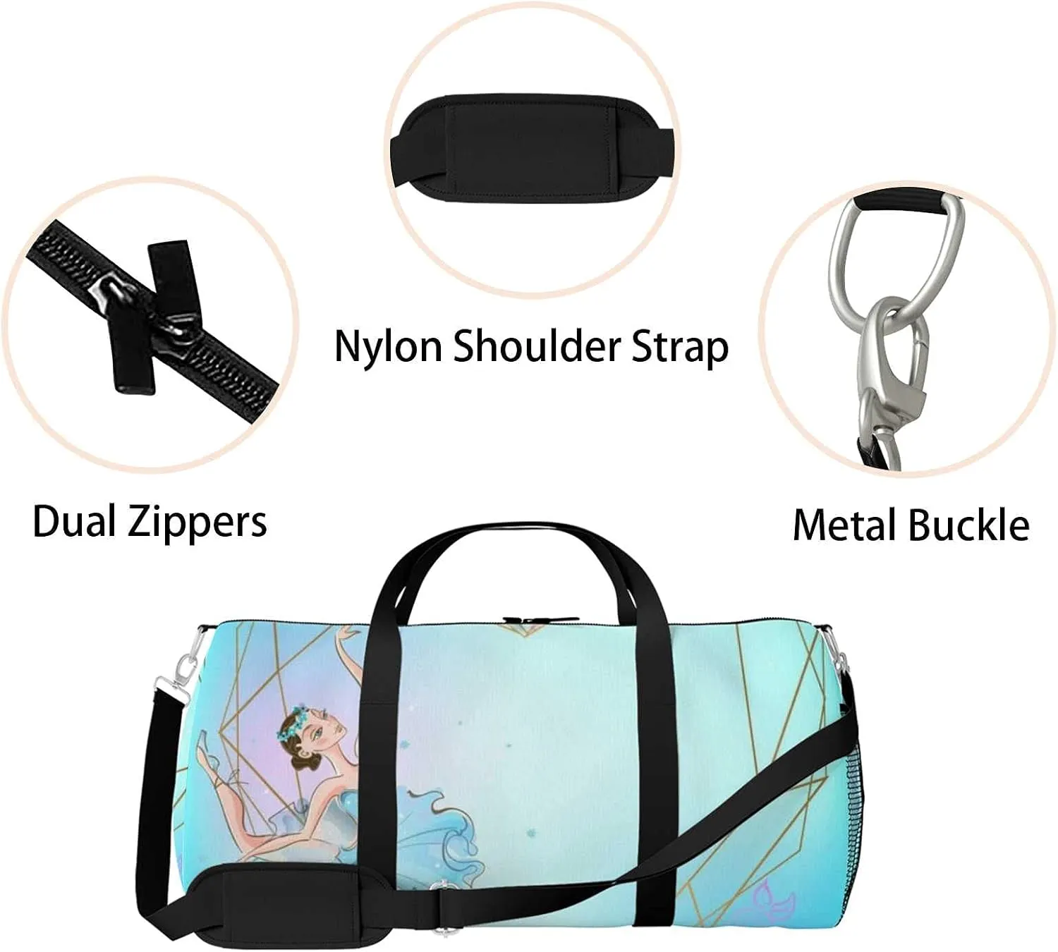 Sports Gym Bag for Women and Men Waterproof Frame Heart Ballerina Blue Illustration Duffel Bag Lightweight Carryon Traveling Boarding Gripsack