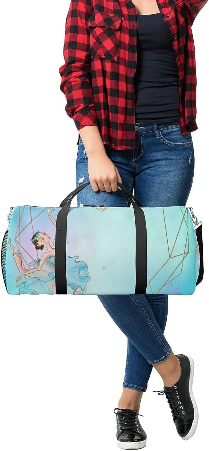 Sports Gym Bag for Women and Men Waterproof Frame Heart Ballerina Blue Illustration Duffel Bag Lightweight Carryon Traveling Boarding Gripsack