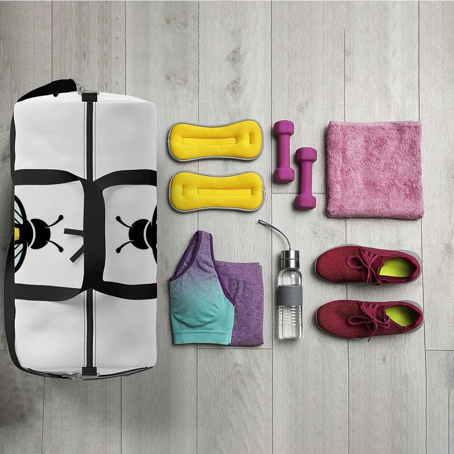 Sports Gym Bag for Women and Men Waterproof Geometric Bee Duffel Bag Lightweight Carryon Traveling Boarding Gripsack