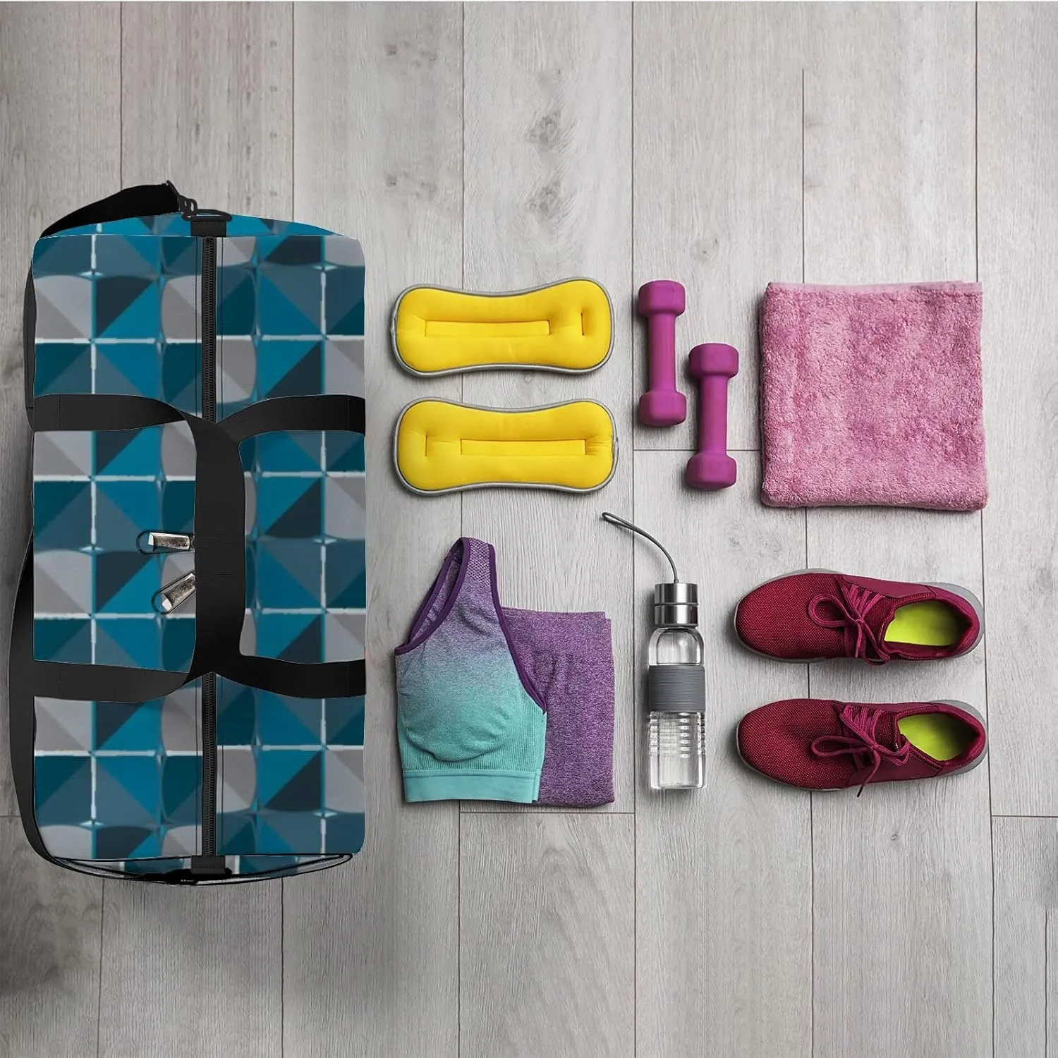 Sports Gym Bag for Women and Men Waterproof Geometric Pattern Blue Duffel Bag Lightweight Carryon Traveling Boarding Gripsack