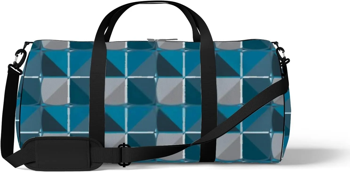 Sports Gym Bag for Women and Men Waterproof Geometric Pattern Blue Duffel Bag Lightweight Carryon Traveling Boarding Gripsack
