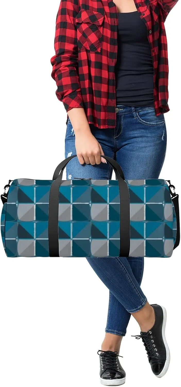 Sports Gym Bag for Women and Men Waterproof Geometric Pattern Blue Duffel Bag Lightweight Carryon Traveling Boarding Gripsack