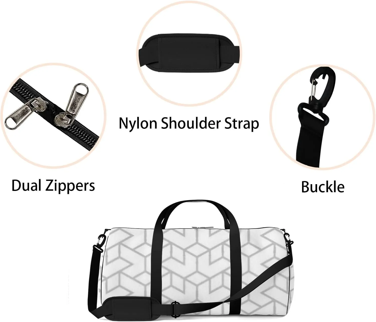 Sports Gym Bag for Women and Men Waterproof Geometric Pattern White Gray Duffel Bag Lightweight Carryon Traveling Boarding Gripsack
