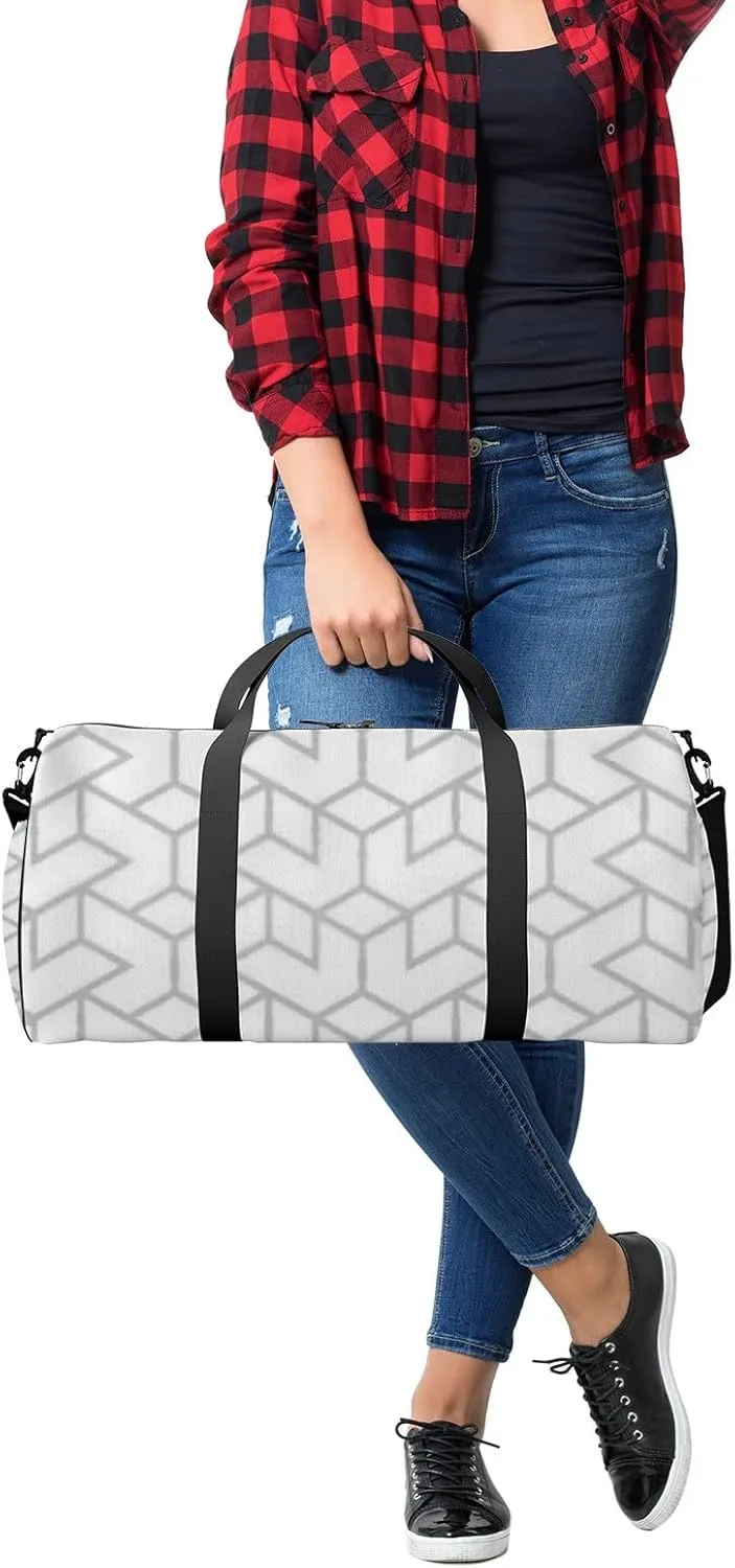 Sports Gym Bag for Women and Men Waterproof Geometric Pattern White Gray Duffel Bag Lightweight Carryon Traveling Boarding Gripsack